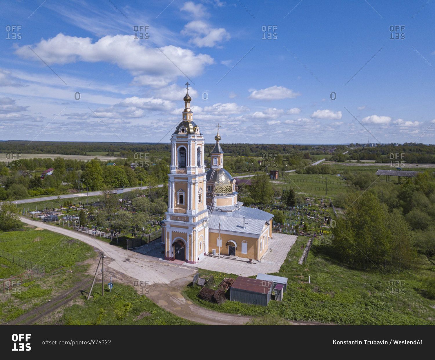 Russia- Moscow Oblast- Aerial view of countryside church in spring