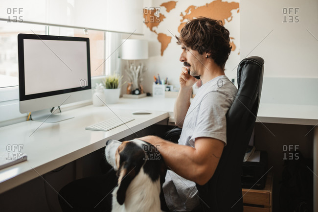 Side view of serious male entrepreneur sitting on office chair speaking on the mobile phone with curious cute dog during remote work