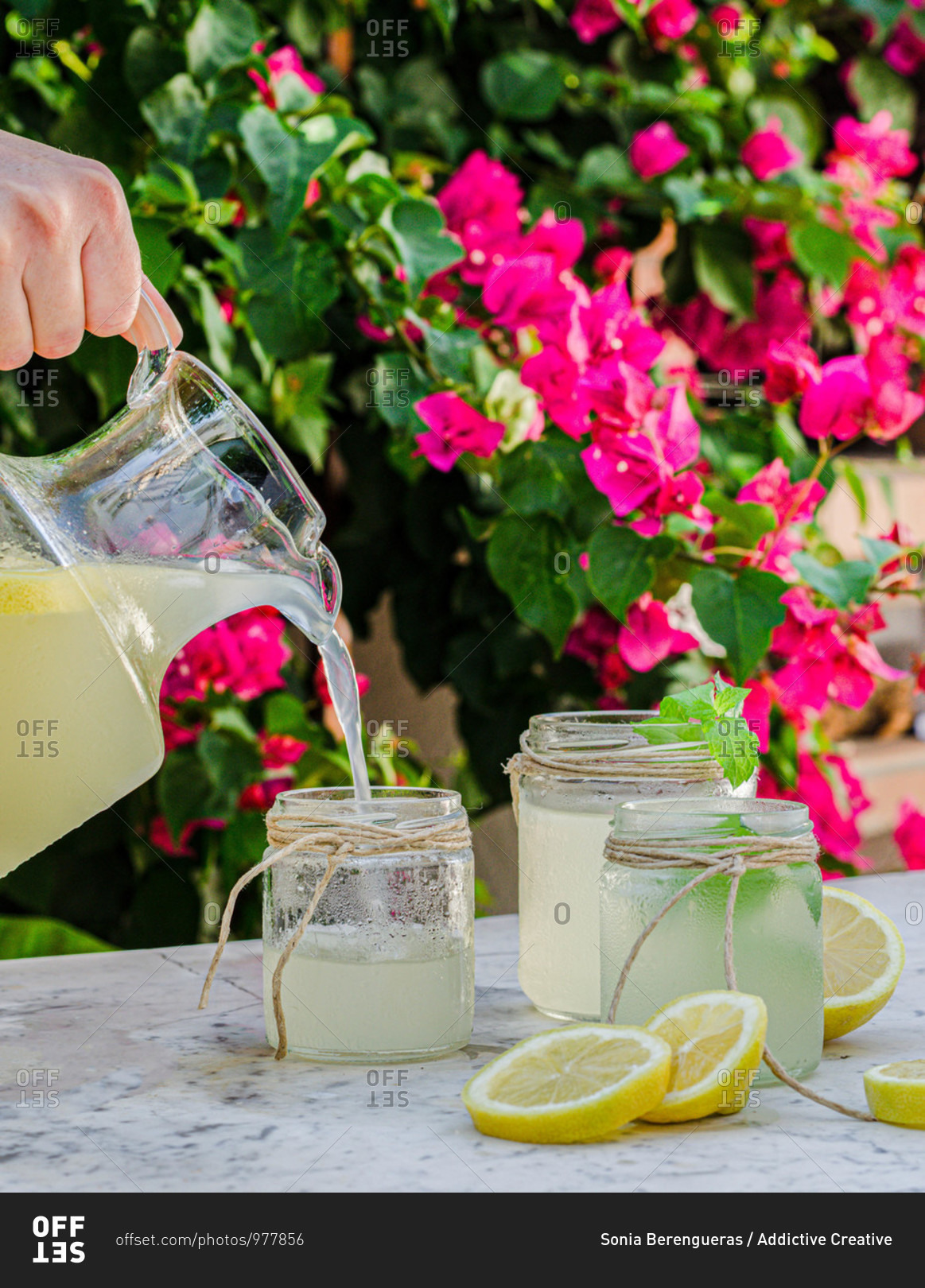 Crop anonymous person pouring fresh homemade lemonade from pitcher into glass jars placed on table in blooming summer garden