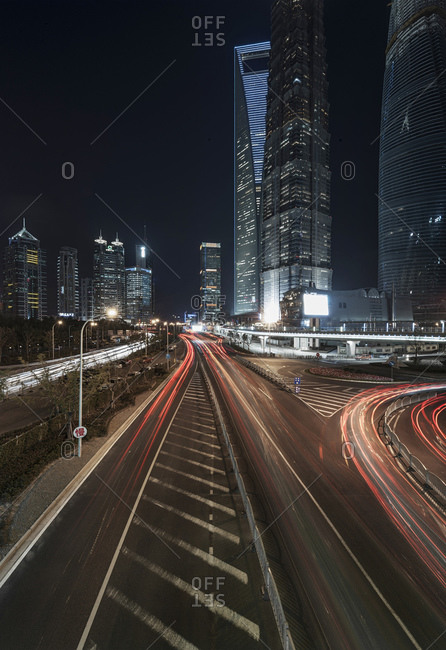 October 23, 2013: Traffic at night, Lujiazui, Pudong, Shanghai, China