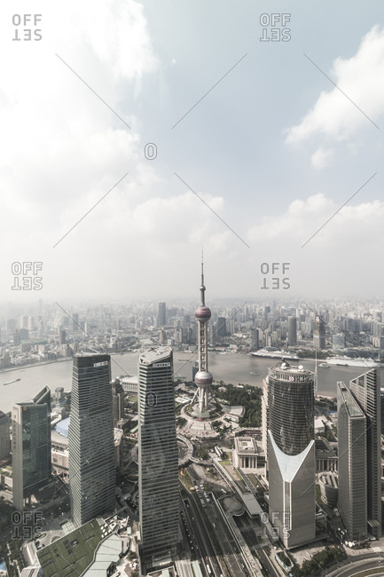 October 20, 2013: View of Oriental Pearl Tower, Lujiazui financial district, Pudong, Shanghai, China