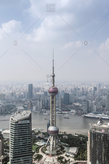 October 20, 2013: View of Oriental Pearl Tower, Lujiazui financial district, Pudong, Shanghai, China