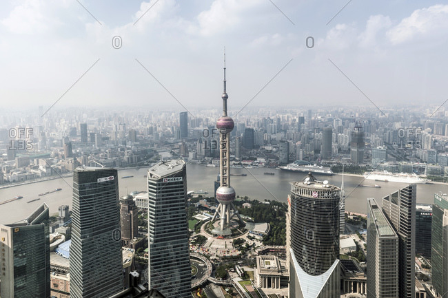 October 20, 2013: View of Oriental Pearl Tower, Lujiazui financial district, Pudong, Shanghai, China