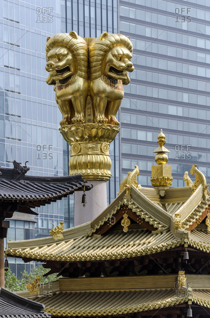 October 24, 2013: Golden lion heads, Jing'an Temple, Shanghai, China, Asia