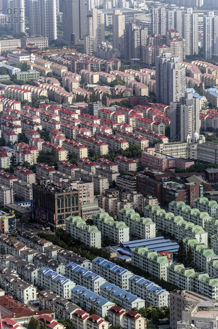 October 20, 2013: Colorful roofs, residential construction, Pudong, Shanghai, China