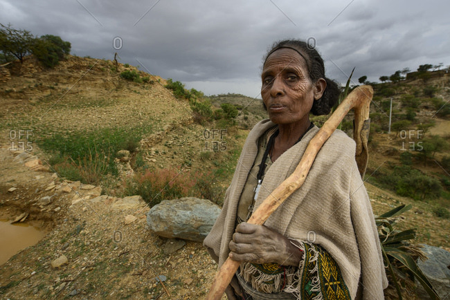 June 26, 2014: Tigrayan woman with typical Ethiopian Orthodox tattoos on forehead, Ethiopia