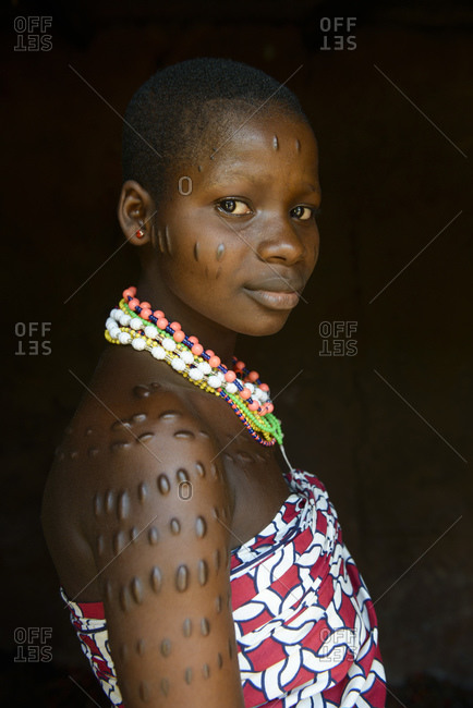 December 2, 2015: Girl with tribal scars from northern Benin, Africa