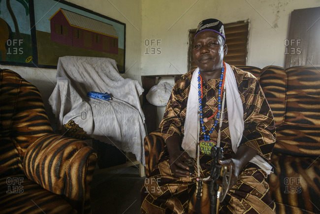 November 28, 2015: The king of Ganvie, a voodoo priest and his fetishes, Benin, Africa