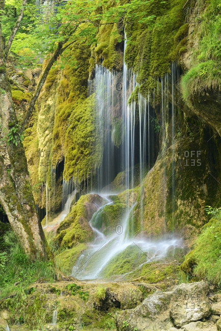 The Schleierfalls on the Ammer, moss covered waterfall, Ammergau Alps, Bavaria, Germany