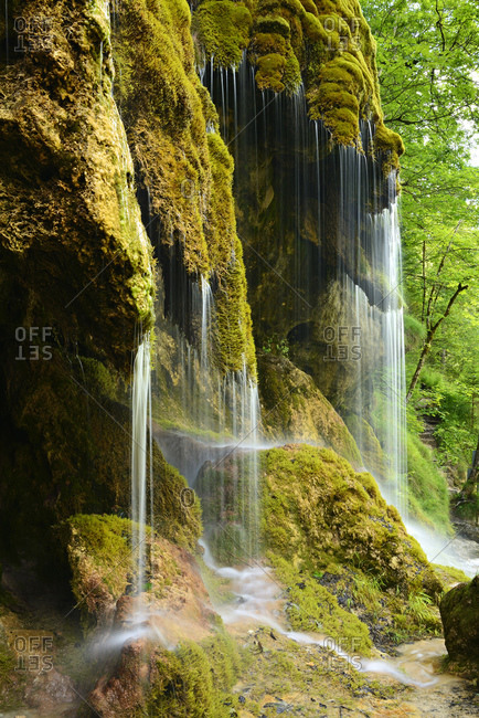 The Schleierfalls on the Ammer, moss covered waterfall, Ammergau Alps, Bavaria, Germany