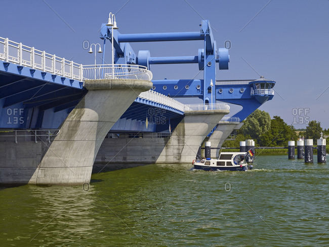 July 24, 2016: Wagebalken bascule bridge over the Peene, Wolgast, Mecklenburg-West Pomerania, Germany