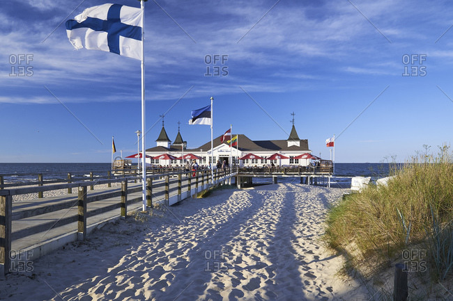 July 22, 2016: Pier with beach, Ostseebad Ahlbeck, Usedom, Mecklenburg-West Pomerania, Germany