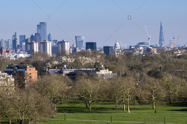 View of the city of London from Primrose Hill park, London, England, United Kingdom, Europe