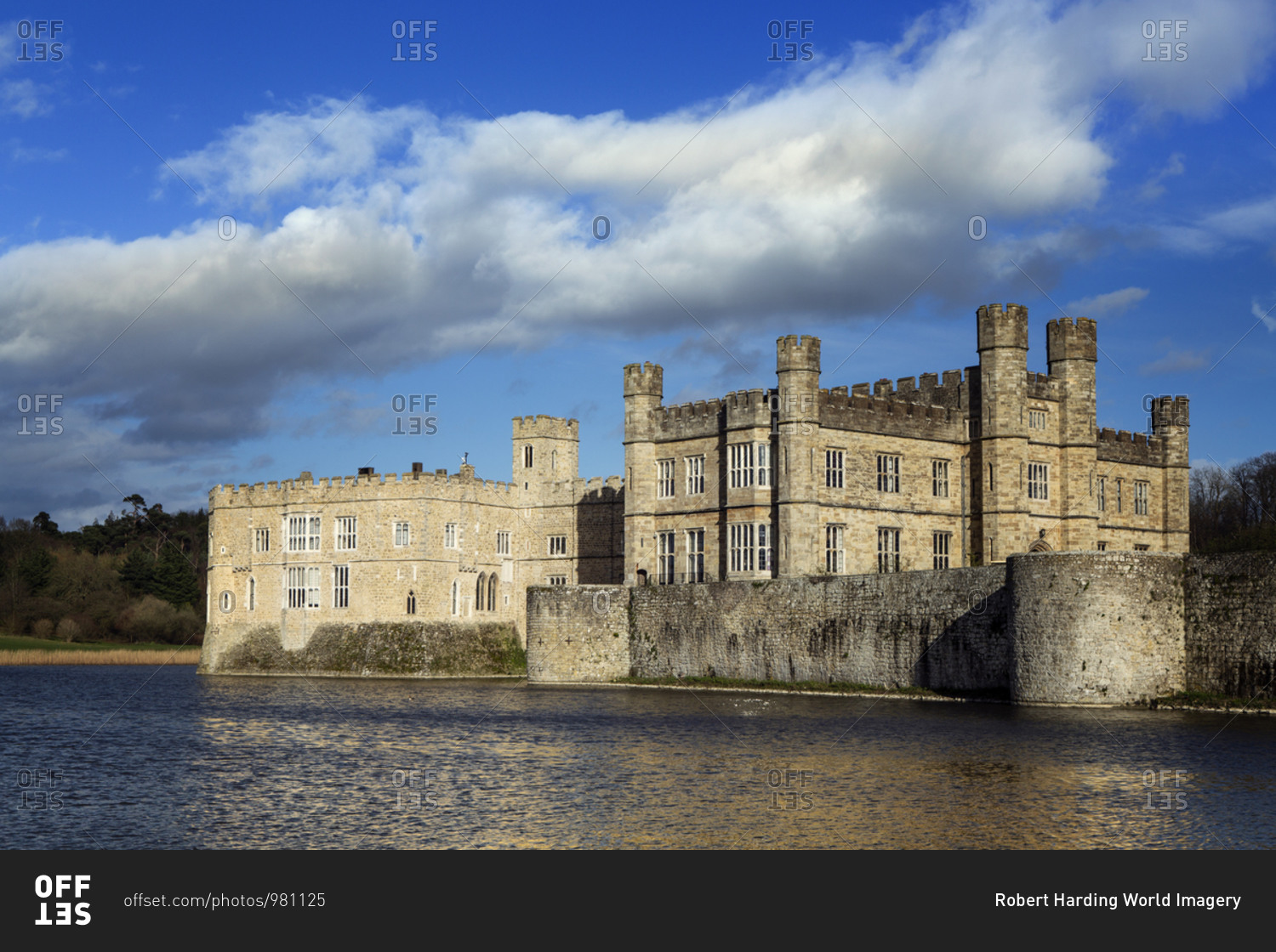 View across the lake to the castle, former home of Catherine of Aragon, first wife of Henry VIII, Leeds Castle, Kent, England, United Kingdom, Europe