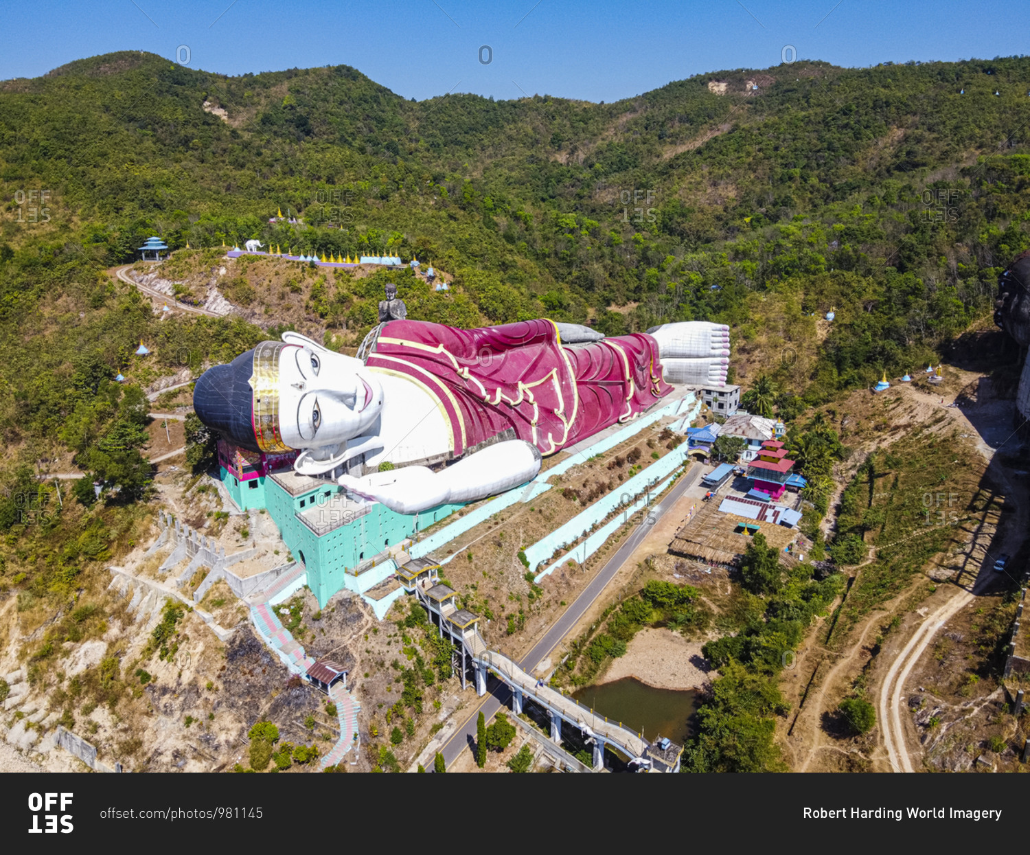 Aerial by drone of a giant reclining Buddha in Win Sein Taw Ya outside Mawlamyine, Mon state, Myanmar (Burma), Asia