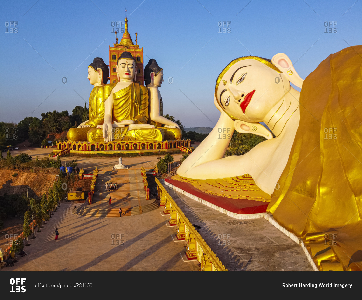 Aerial of the huge sitting and reclining Buddhas, Ko Yin Lay, Pupawadoy Monastery near Ye, Mon state, Myanmar (Burma), Asia