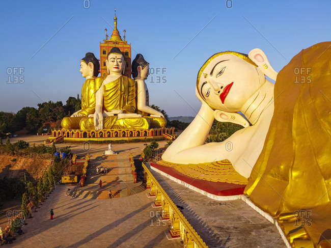 Aerial of the huge sitting and reclining Buddhas, Ko Yin Lay, Pupawadoy Monastery near Ye, Mon state, Myanmar (Burma), Asia