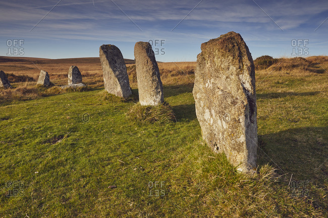Ancient prehistoric standing stones in a stone circle, Scorhill Stone Circle, Dartmoor National Park, Devon, England, United Kingdom, Europe