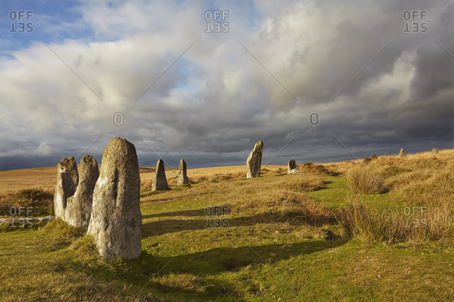 Ancient prehistoric standing stones in a stone circle, Scorhill Stone Circle, Dartmoor National Park, Devon, England, United Kingdom, Europe