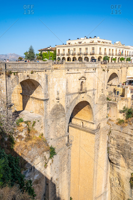 August 19, 2018: Puente Nuevo (New Bridge), the tallest of the three bridges in Ronda crossing the Guadalevin River, Ronda, Andalusia, Spain, Europe