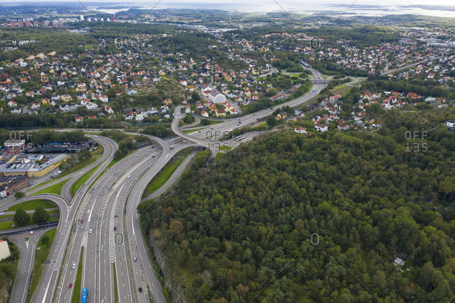 Aerial view by drone of Highway road in Gothenburg, Sweden, Scandinavia, Europe
