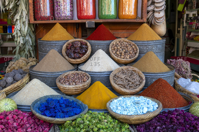 Display of spices and pot pourri in spice market in the souks of Marrakech, Morocco, North Africa, Africa