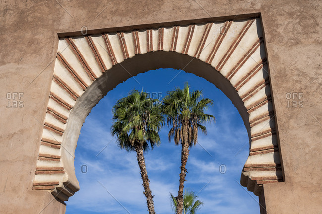 Palm Trees framed in archway, Marrakech (Marrakesh), Morocco, North Africa, Africa