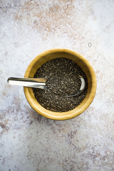 Overhead view of Bowl of chia seeds
