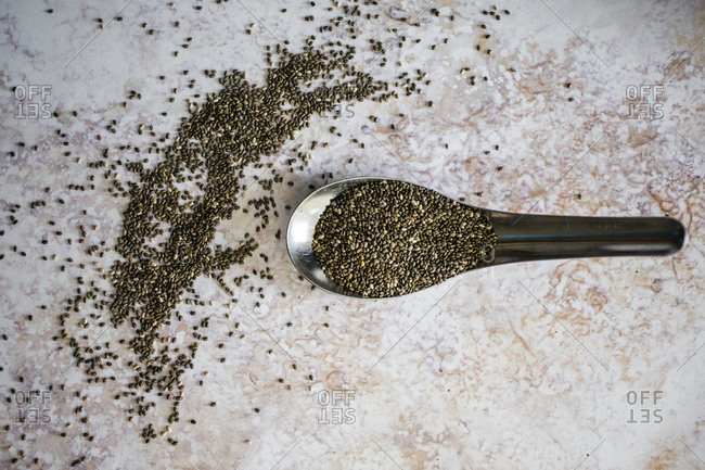 Overhead view of spoon of chia seeds