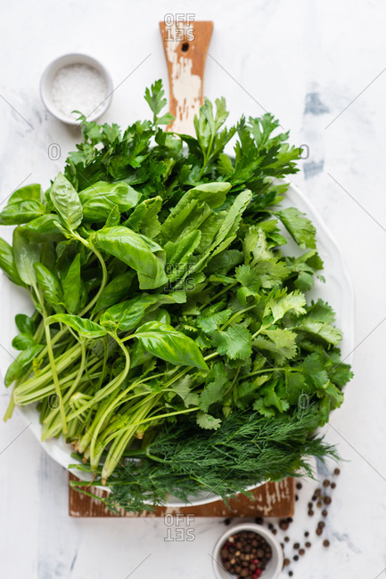 Plate with basil, cilantro, dill, cress salad and parsley