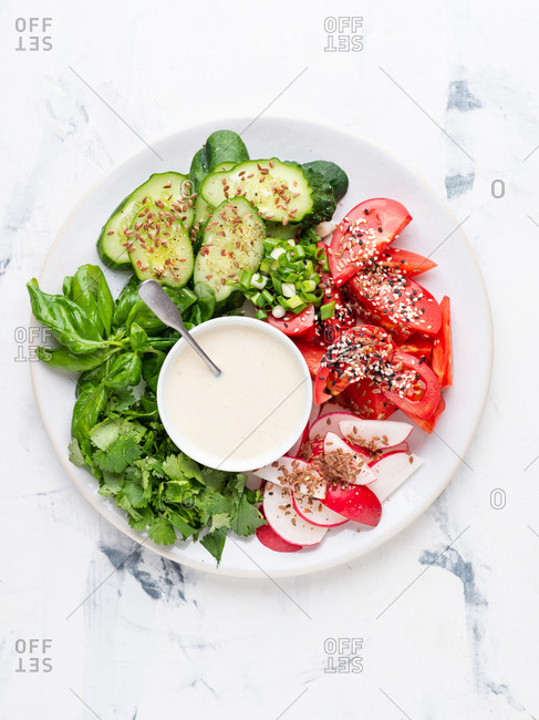 Vegetable salad with tomatoes, cucumbers, radish, cilantro and basil with white sauce