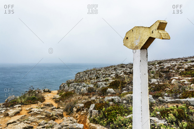 September 13, 2018: Europe, Portugal, Centro Region, Peniche Peninsula, Varanda de Dominique, signpost to fishing spot on the shore