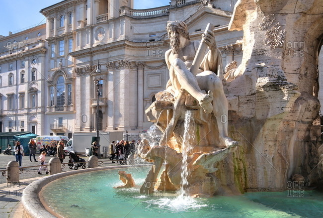 January 7, 2020: Piazza Navona in the old town with four-stream fountain (four rivers fountains) in front of the Sant Agnese church in Agone, Rome, Lazio, central Italy, Italy