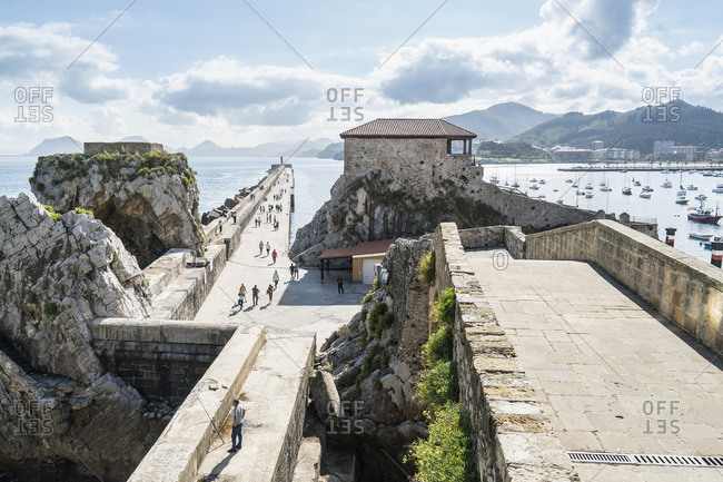 Spain, Cantabria, Castro-Urdiales, medieval port city, quay wall, promenade