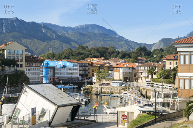 October 8, 2019: Spain, Asturias, Llanes, historic old town, harbor