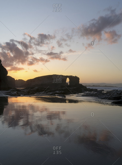Panoramic portrait format, Spain, north coast, Galicia, national park, cathedral beach, Playa de las Catedrales, natural monument, evening mood
