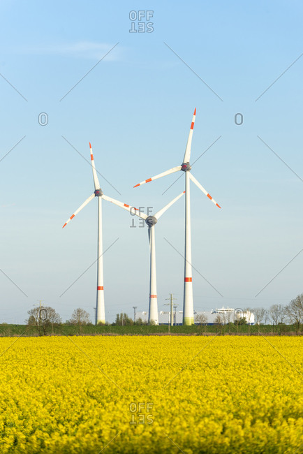 Germany, Lower Saxony, East Frisia wind turbines near Emden.