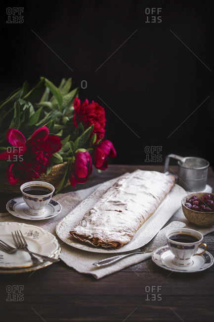 Sour cherries strudel dusted with powdered sugar