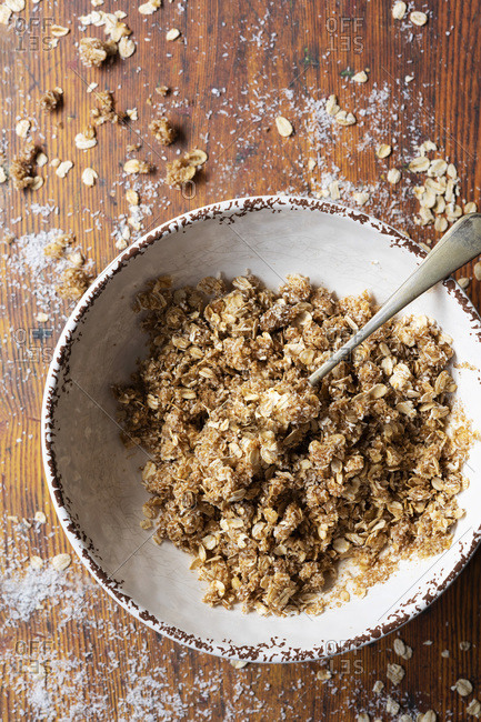 Oat crumble mixture in a bowl.
