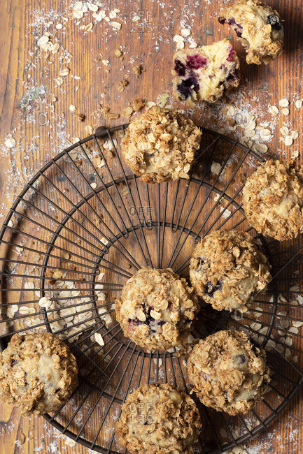 Homemade mixed berry muffins with oat crumble topping.