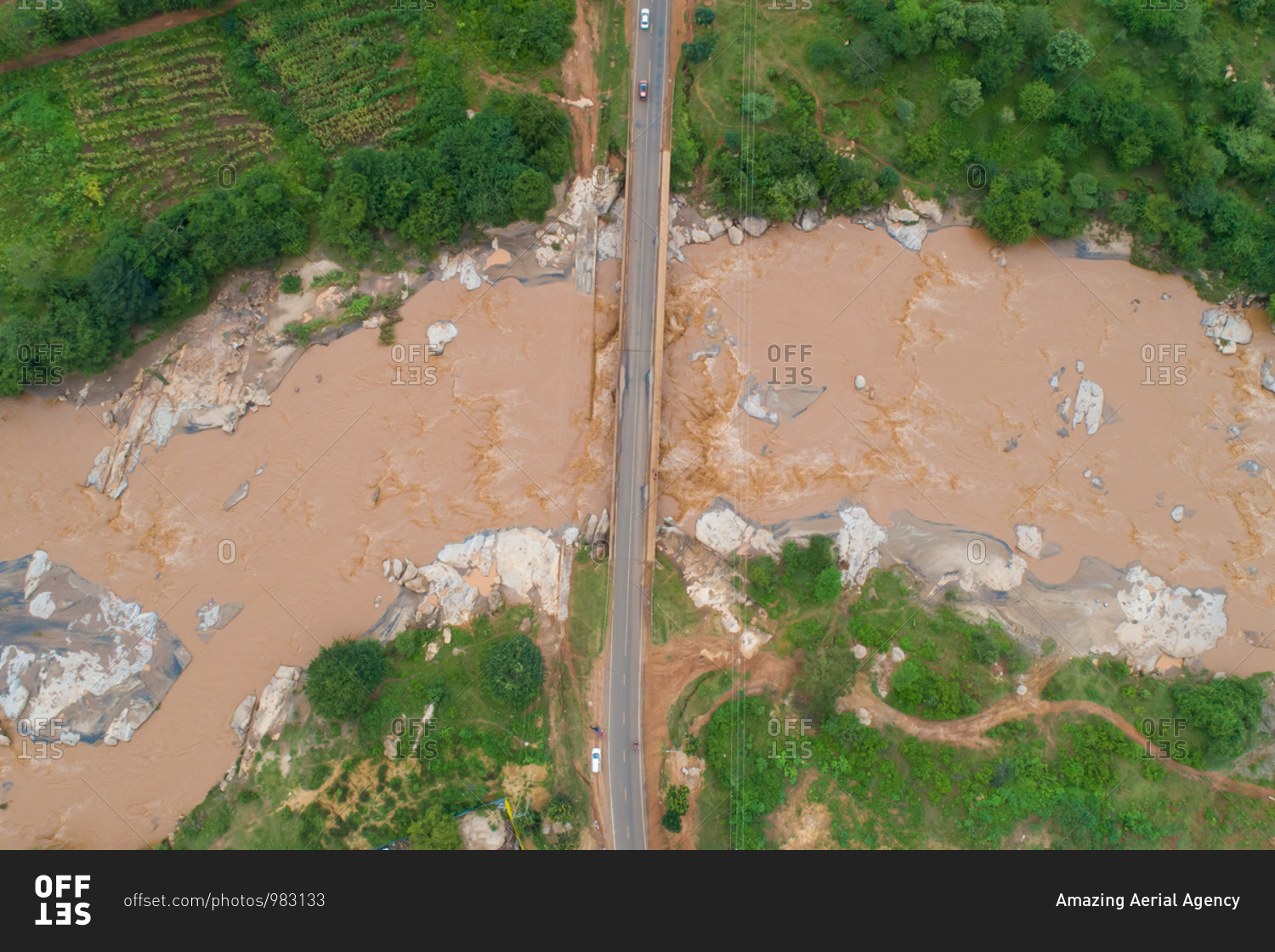 Aerial view of Kaiti River flowing past the Machakos-Wote Road in Makueni, Kenya. It drains into the Athi River which changes name to Galana then Sabaki before it drains into the Indian Ocean.