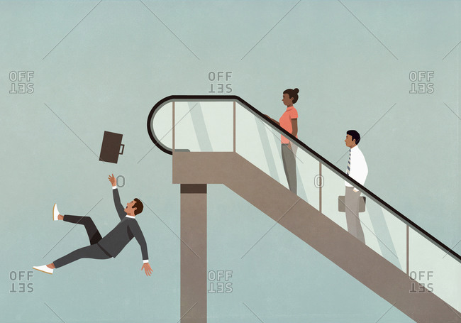 Businessman falling off the edge of ascending escalator stock photo - OFFSET
