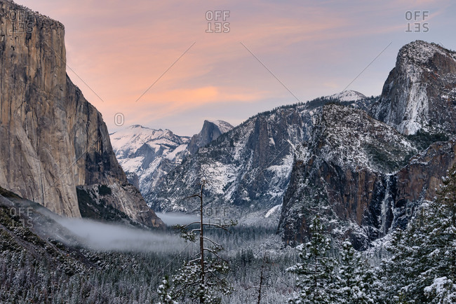 Yosemite Valley after a snow storm in a winter evening, Yosemite National Park