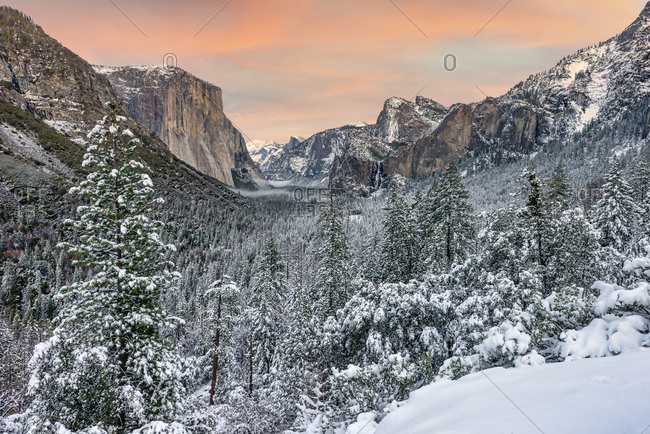 Yosemite Valley view in winter after a snow storm at sunset, Yosemite National Park