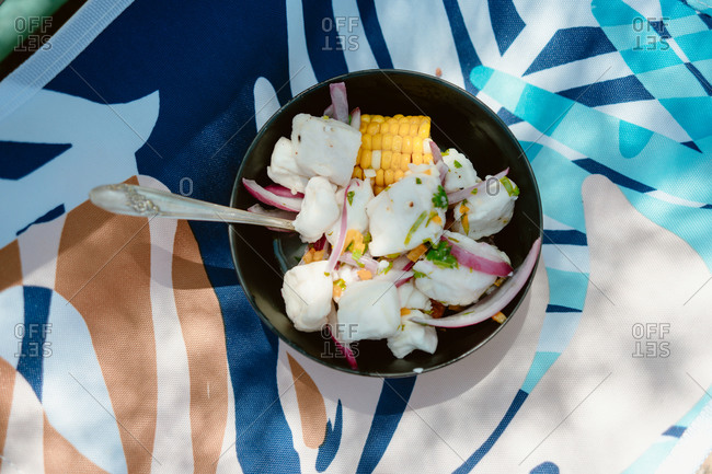 Overhead view of a Peruvian ceviche dish outdoors