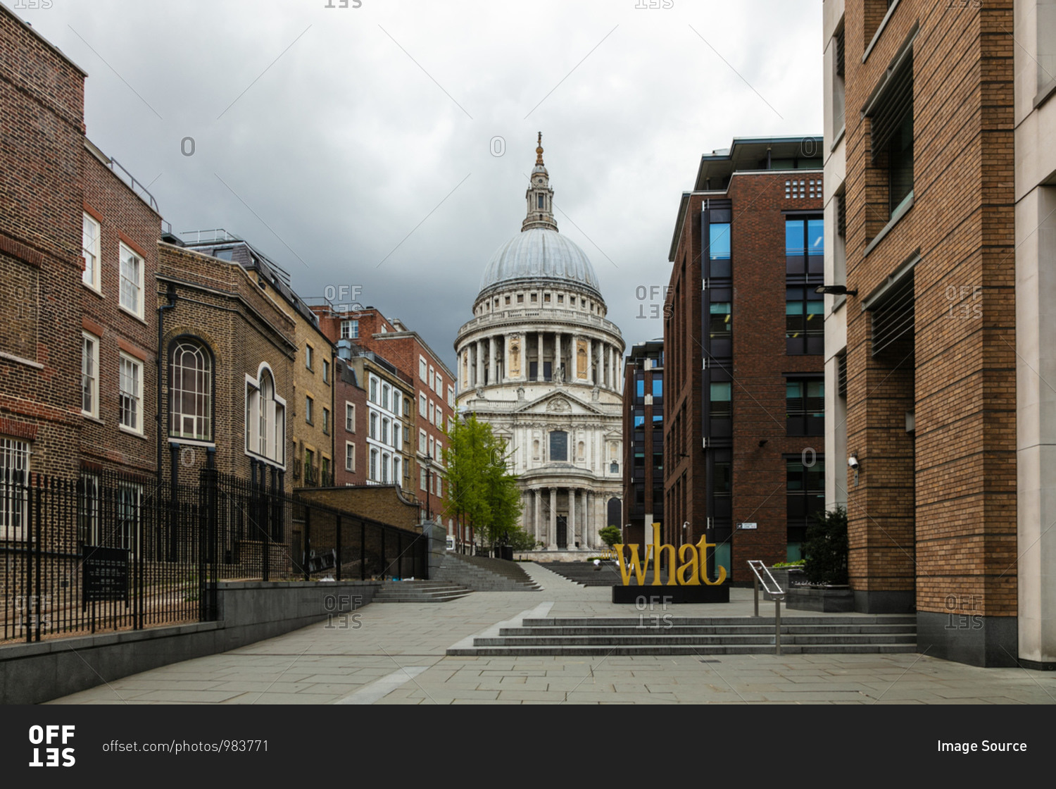 View along empty Peter's Hill street towards St Paul's Cathedral in London during the Corona virus crisis.