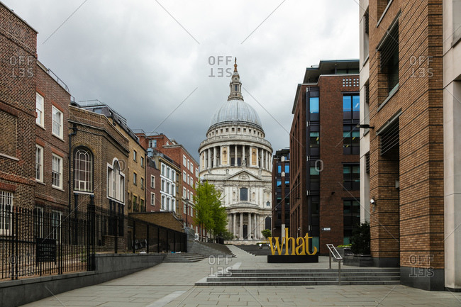 View along empty Peter\'s Hill street towards St Paul\'s Cathedral in London during the Corona virus crisis.