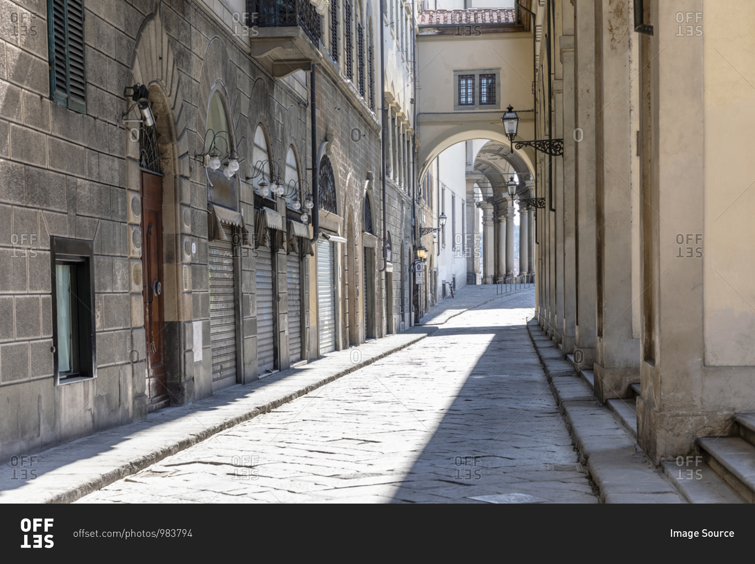 View down an empty street in Florence, Italy during the Corona virus crisis.