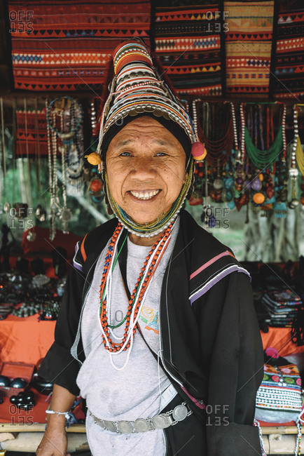 Chiang Mai, Thailand - July 3, 2020: Portrait of a Thai woman belonging to a tribe.