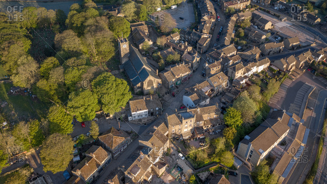 Haworth, England, United Kingdom - May 6, 2020: Aerial Shot of Haworth main street, home of the Bronte Sisters
